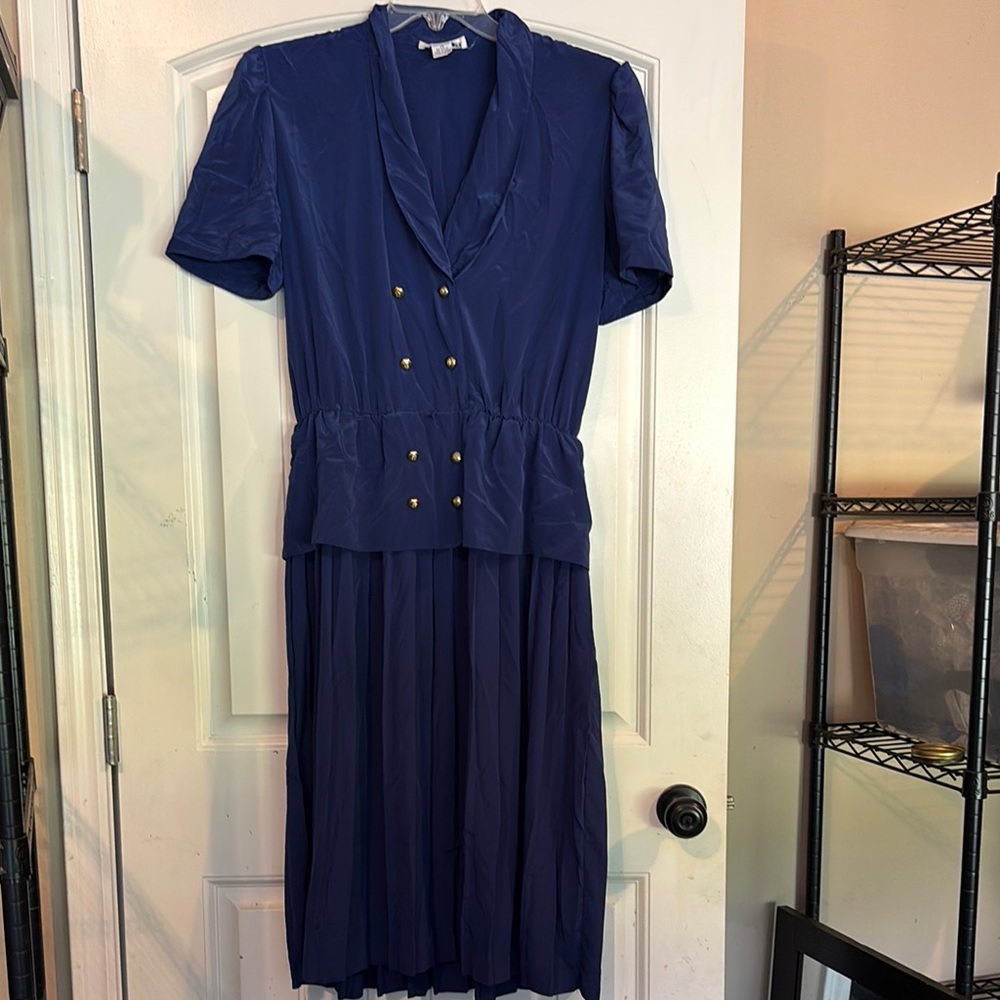 Vintage Elegant Blue Double-Breasted Women's Dress
